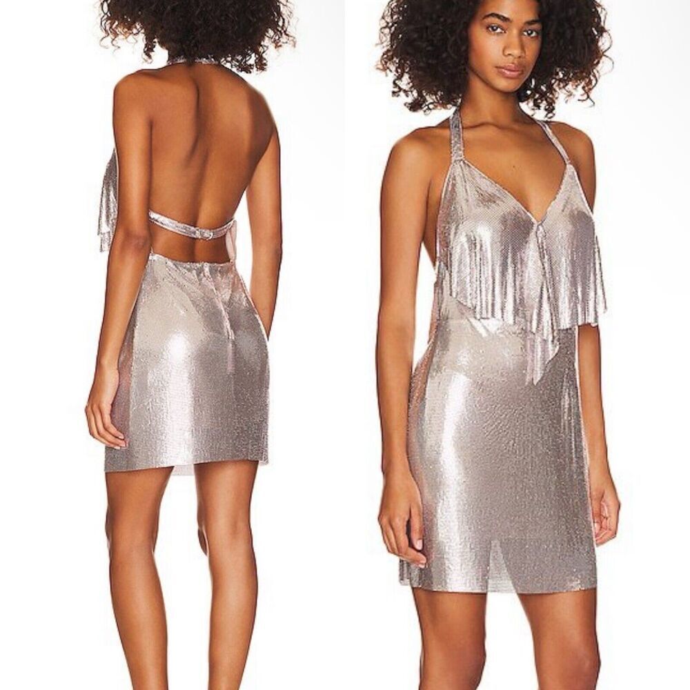 Lovers + Friends Bennet Silver Chainmail Metal Mini Dress Draped Revolve Sz S